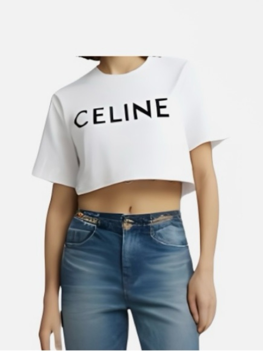 Celine White Cropped T-Shirt with Black CELINE Logo - Picture 2 of 7